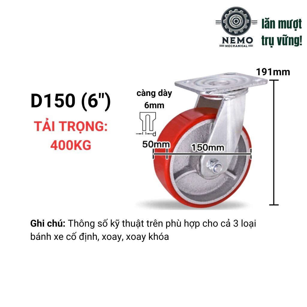 Bánh xe PU gang tải nặng, mặt bích, chất liệu bền bỉ, D100mm - 200mm, tải 300 – 450kg